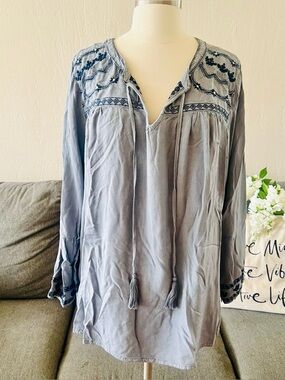 Chambray Boho Embroidered Peasant Blouse